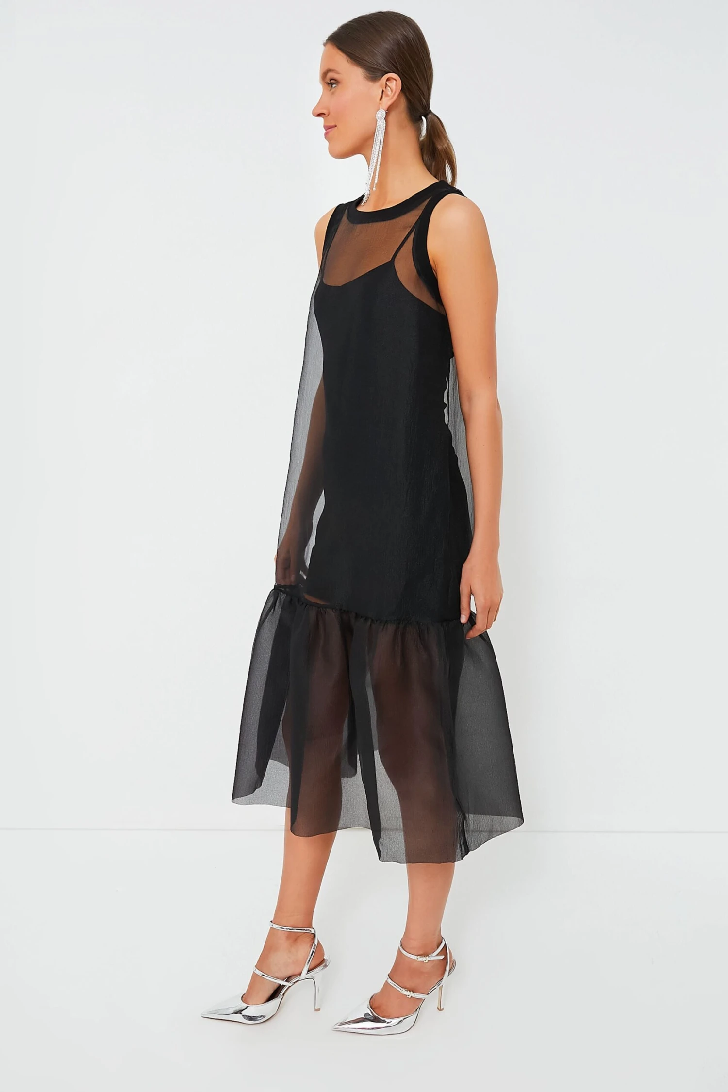 CYNTHIA ROWLEY Black Midi Organza Ribbed Dress - Image 3