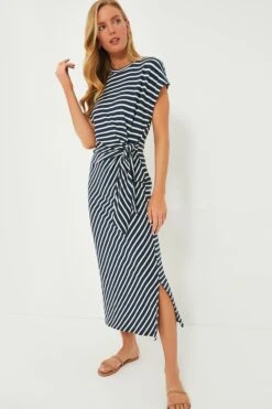 Navy And Cream Stripe Vanina Cinched Waist Dress