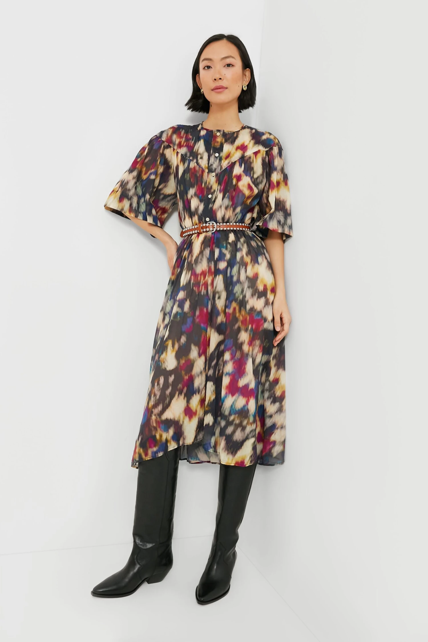 Isabel Marant Etoile Ochre Black Maggy Watercolor Dress