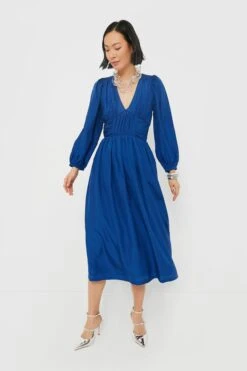 Cobalt Fabiola Solid Habotai Long Sleeve V-Neck Dress