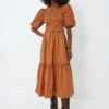Exclusive Caramel Bubble Sleeve Smocked Midi Dress