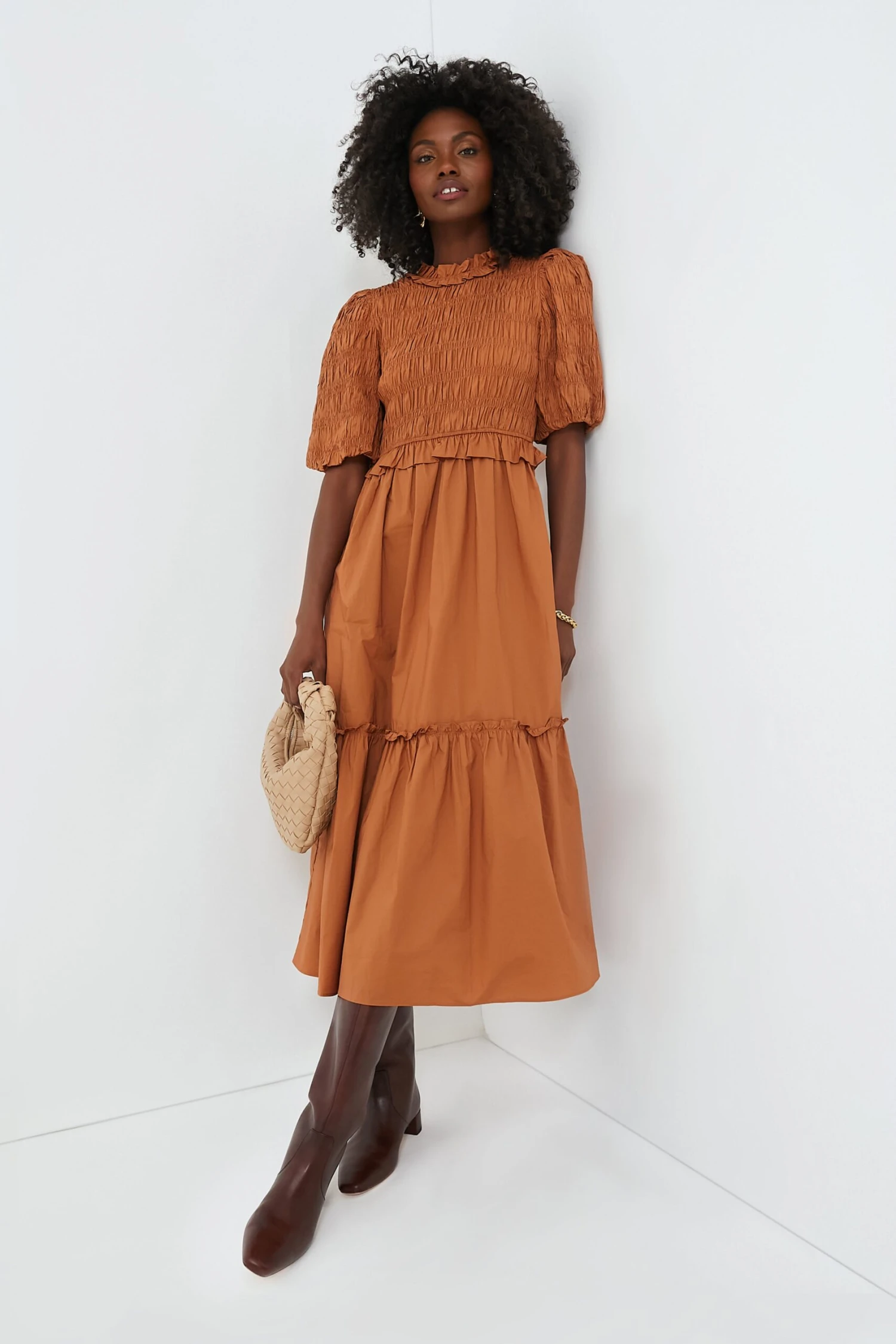 Exclusive Caramel Bubble Sleeve Smocked Midi Dress - Image 2