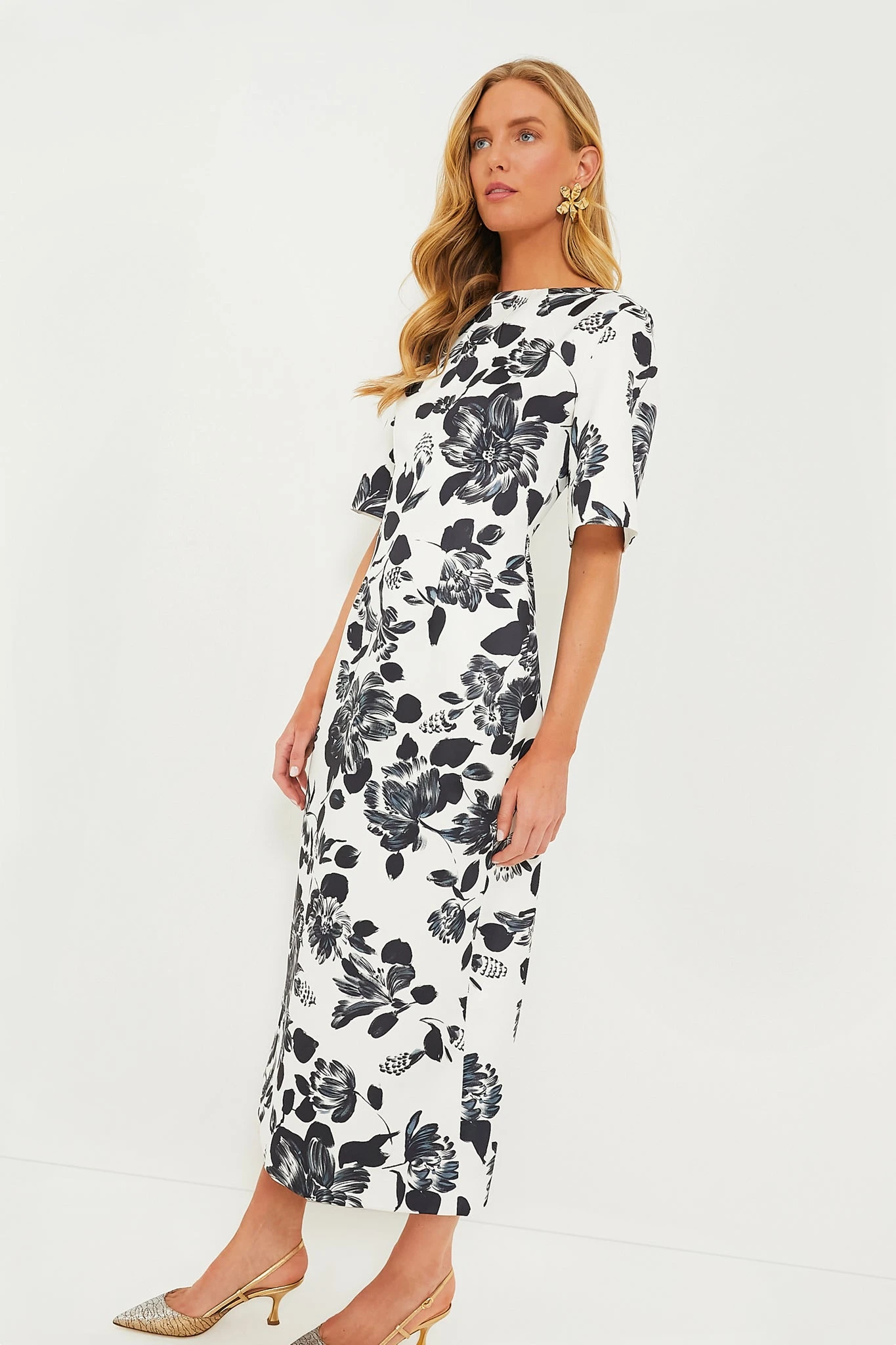 Black Flowers On Ivory Kora Rounded Twill Dress - Image 3