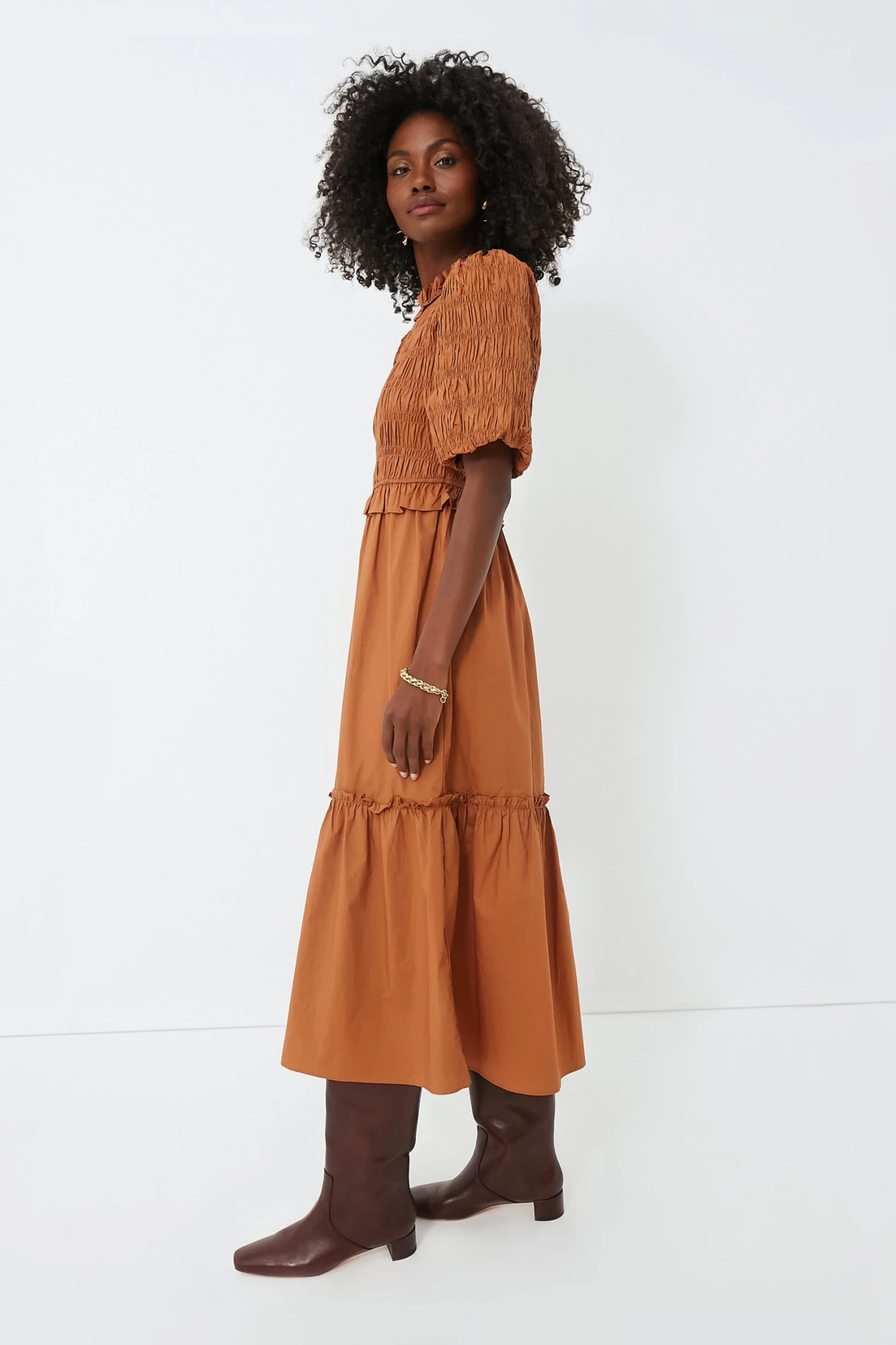 Exclusive Caramel Bubble Sleeve Smocked Midi Dress - Image 3