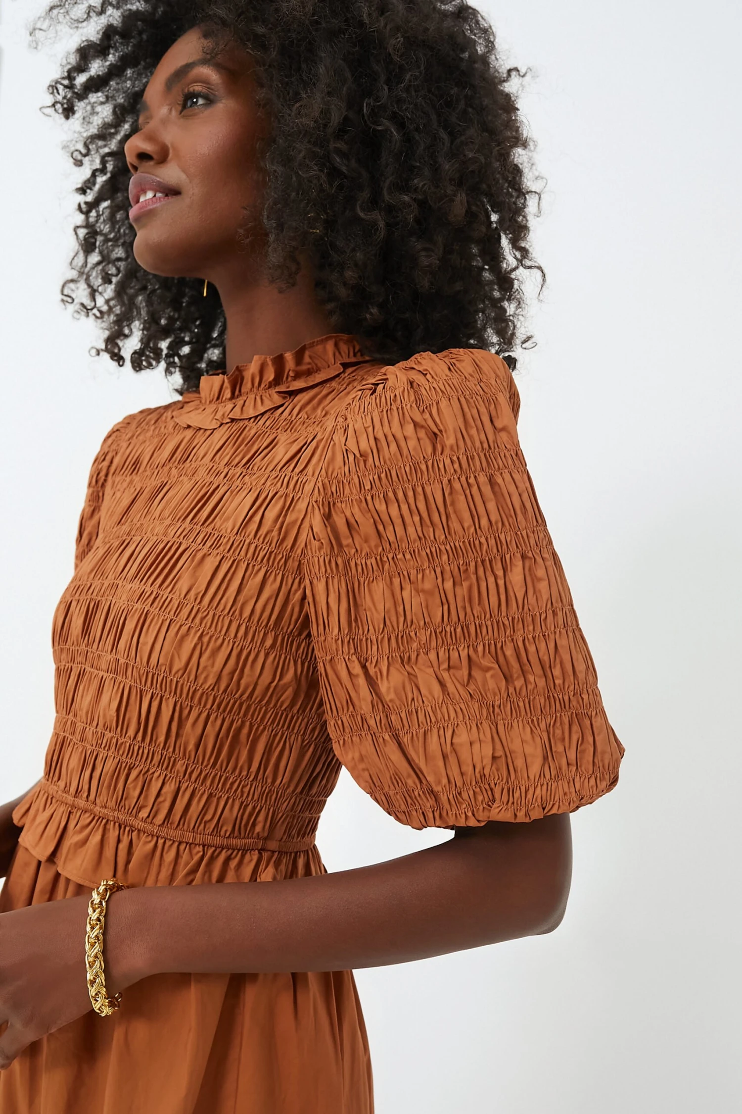 Exclusive Caramel Bubble Sleeve Smocked Midi Dress - Image 5